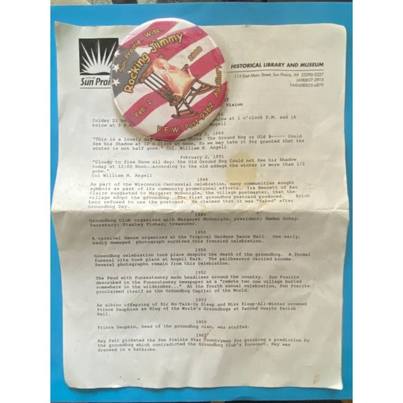 Vintage Rocking Jimmy VFW Fundraiser Groundhog 2000 Pinback Button - Picture 2 of 3